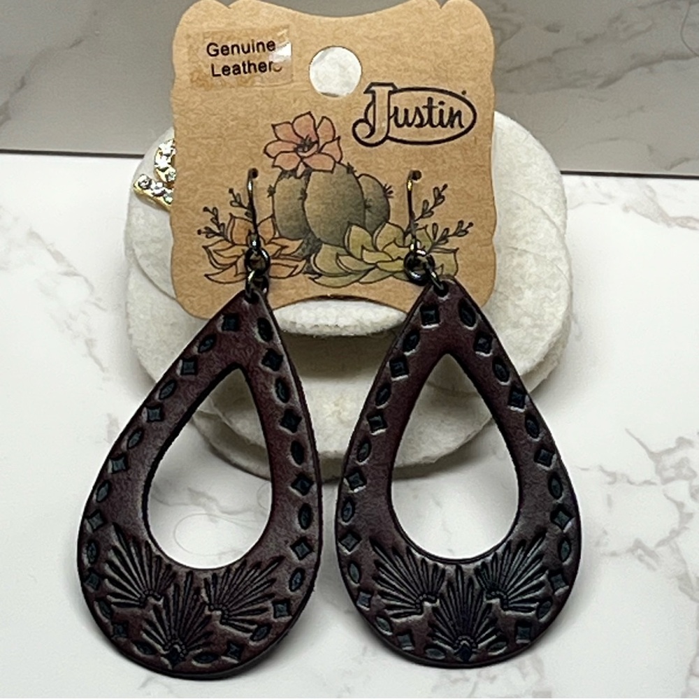 Justin Genuine Leather Western Teardrop Earrings|Brown Tooled Cowgirl‎ Boho